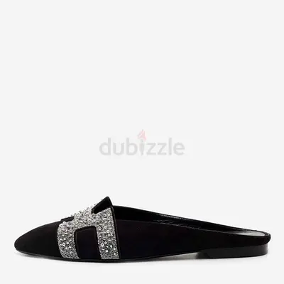 Hermes Black Suede Studded Roxane Mule Size 37