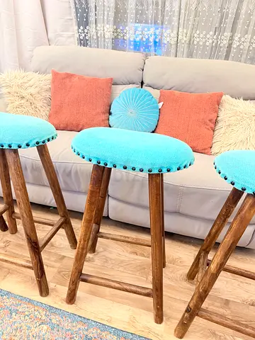 Set of 4 Wooden Round Bar Stools with Turquoise Upholstery