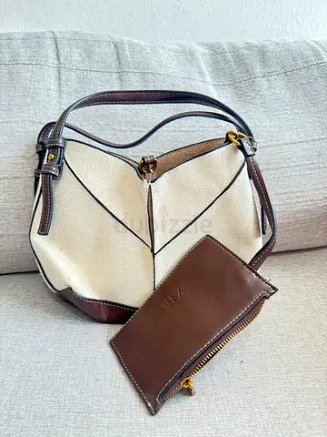 Zara cream canvas brown leather bucket bag with detachable pouch