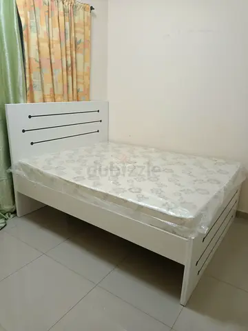 White Wooden Double Bed with Mattress - Good Condition