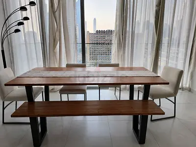 Custom Wood Dining Table with Bench and 4 west elm Chairs
