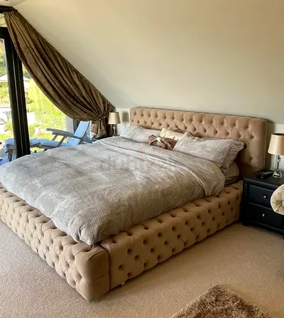Tufted Beige Velvet King Size Bed Frame with Headboard - Good Condition