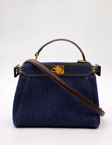 Fendi Dark Blue Denim Top Handle Bag with Crossbody Strap and Gold Hardware