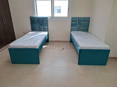 Modern Blue Twin Bed Set with Upholstered Headboards
