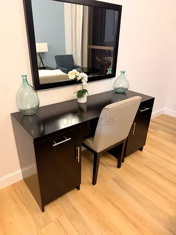 Dark Wood Dresser/Vanity with Mirror and Upholstered chair