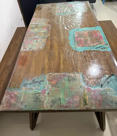 Solid Wood Dining Table with Decorative Decoupage Top - 6 Seater