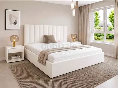 White upholstered double bed with headboard - modern design