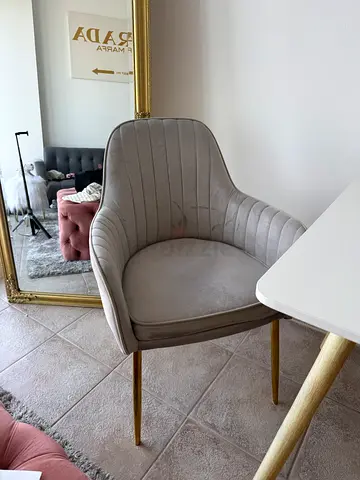 Grey velvet dining chair with gold legs - good condition + table