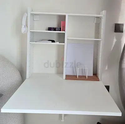Wall-mounted foldable white desk with shelves - compact study workstation