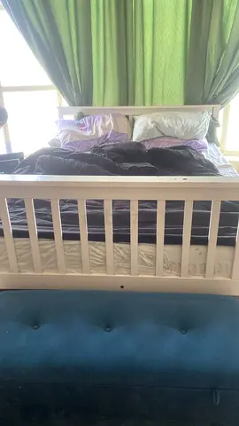 White Wooden Queen size Bed Frame with Slatted Headboard - Good Condition