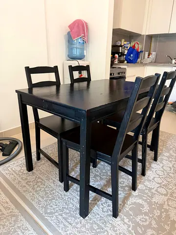 Free : Black Wooden Dining Set with Four Chairs