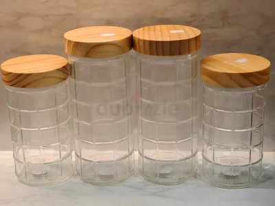 Set of 4 Glass Kitchen Storage Jars with Wooden Lids
