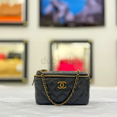 Chanel Black Quilted Vanity Bag with Gold Chain and CC Logo