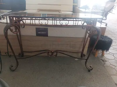 Glass Top Iron Console Table with Decorative Scrollwork