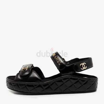 Chanel Black Leather CC Dad Flat Sandals Size 39