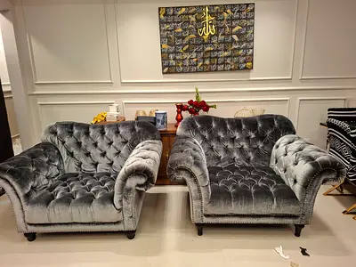 Luxury 2XL Home Chesterfield Velvet Armchairs / Sofas – Charcoal  Black Shifting Shade