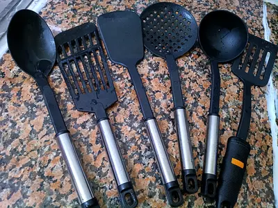 Set of 6 Kitchen Cooking Utensils - Stainless Handles, Good Condition