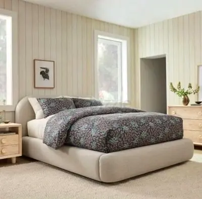 Low-profile upholstered platform bed with beige fabric — King/Queen (specify size)
