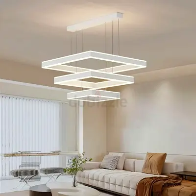 Modern LED Geometric Pendant Light - White Rectangular Rings