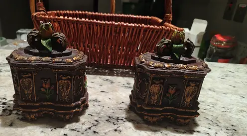 Pair of Vintage Decorative Resin Trinket Boxes with Floral Finials