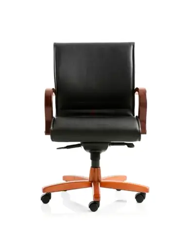 Black Leather Office Chair with Wooden Arms and Base - Good Condition