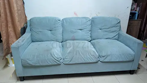 Used 3-Seater Light Blue Fabric Sofa - Comfortable, Needs Cleaning