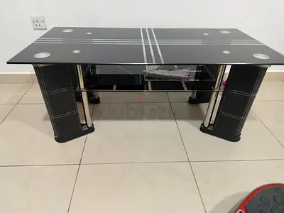 Black Glass Coffee Table with Shelf and Sturdy Pillar Legs