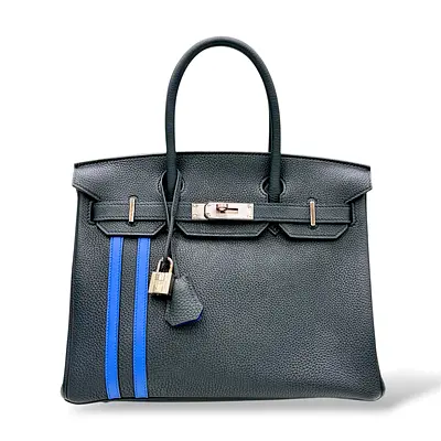 Hermes Dark grey leather tote handbag with blue stripe and lock - like new