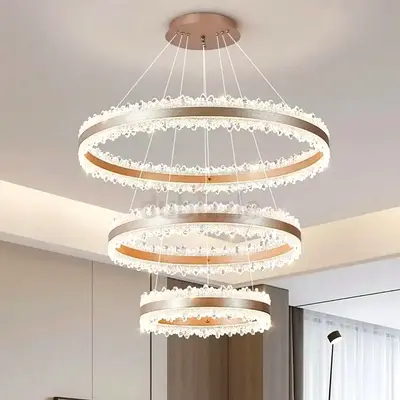 Modern 3-Tier LED Crystal Ring Chandelier - Rose Gold Finish