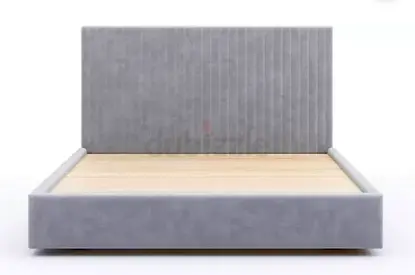 Queen size upholstered platform bed with padded headboard - light grey. With mattress