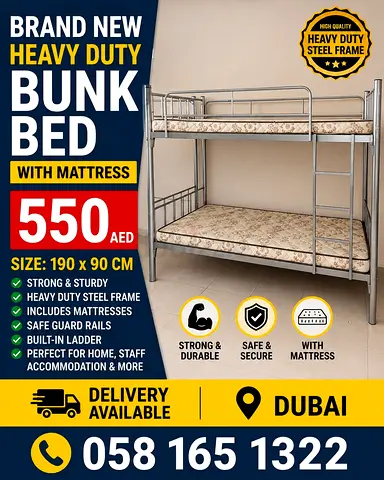 Brand New Heavy Duty Steel Bunk Bed with Mattresses - 190x90cm