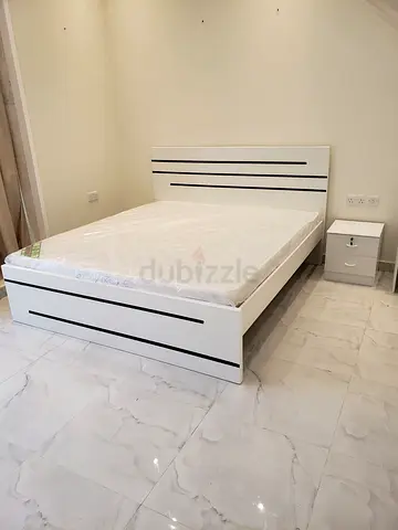New White Modern King Size Bed Frame with Mattress and Nightstand