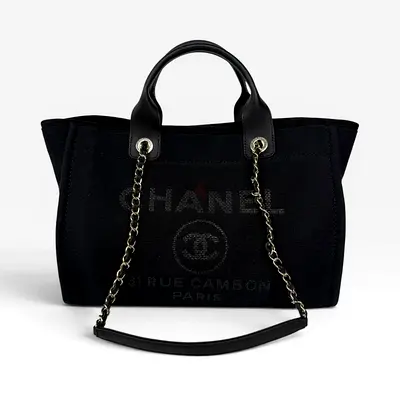 AUTHENTIC CHANEL SMALL DEAUVILLE TOTE BAG IN BLACK WITH PALE GOLD HARDWARE
