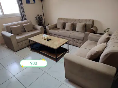 7 SEATER -piece beige fabric sofa set with coffee table - good condition