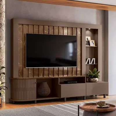 Modern wall-mounted entertainment TV unit with display shelves