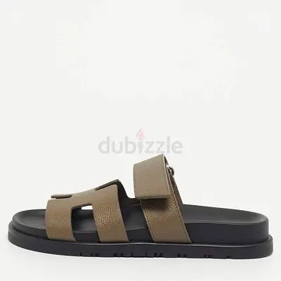 Hermes Green Leather Chypre Slide Sandals Size 34