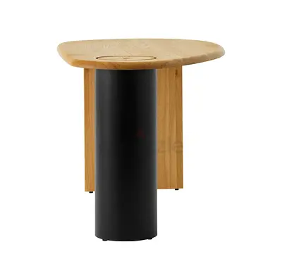Modern designer oak side table with black cylindrical leg. Color as on the first picture