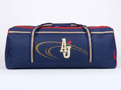 AJ Large Cricket Kit Bag with Pads  Helmet suitable for kids aged 11-12 - Navy Blue, Good Condition