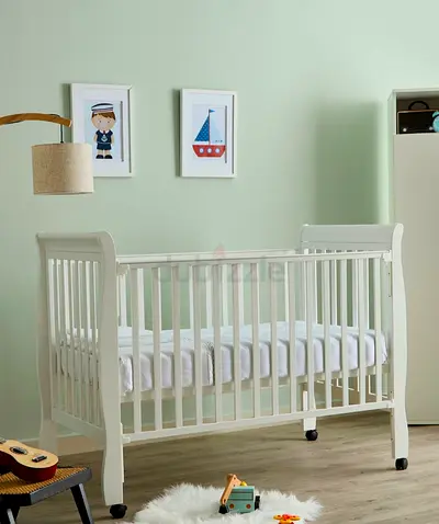 White Wooden Baby Crib - Good Condition with baby mattress