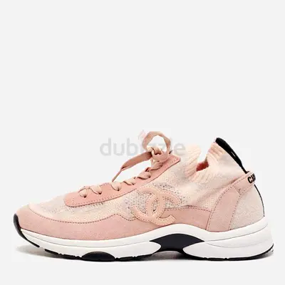 Chanel CC Size 40.5 Two Tone Knit Fabric and Suede Lace Up Sneakers
