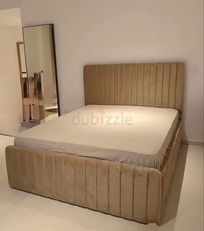 Beige Velvet Bed with Padded Headboard Brand New