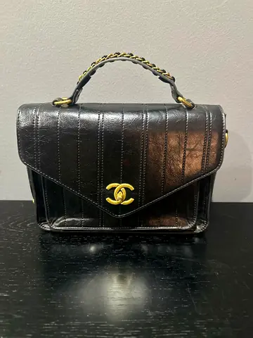 Black Chanel-style Leather Top Handle Bag with Gold Chain Hardware
