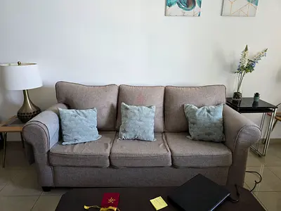 6 seater Pan Emirates beige fabric very elegant, custom designed sofa in great condition