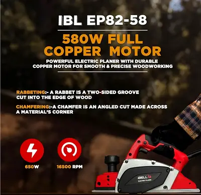 IBELL EP82-58 580W Electric Wood Planer - Full Copper Motor, Depth Adjustment