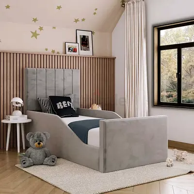 Modern Fabric Bed Frame With Mattress and With Safety Rails For Children. Single Size Bed .