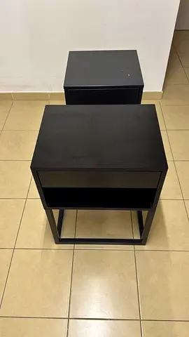 Set of 2 black bedside tables / nightstands with open shelf and drawer