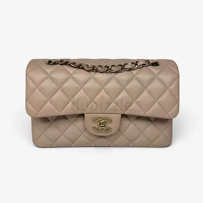 AUTHENTIC CHANEL SMALL CLASSIC DOUBLE FLAP IN LIGHT BEIGE LAMBSKIN LEATHER WITH PALE GOLD HARDWARE