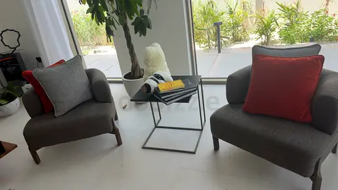 Pair of Modern Grey Lounge Chairs with Cushions and table - Good Condition