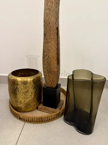 Set of Decorative Home Accents — Brass Pot, Glass Vase and Wooden Stand