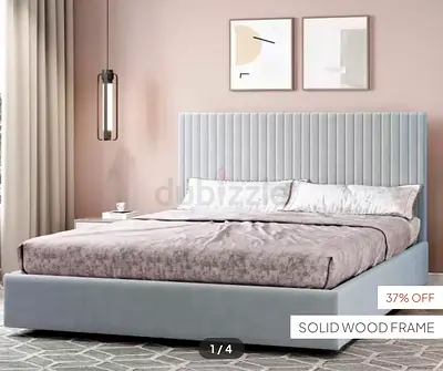 Queen size upholstered platform bed with padded headboard - light grey. With mattress